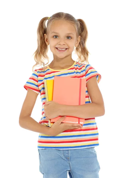 Petit Enfant Avec Fournitures Scolaires Sur Fond Blanc — Photo