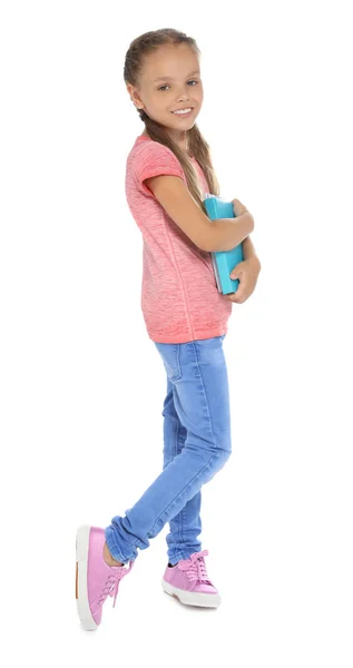 Petit Enfant Avec Fournitures Scolaires Sur Fond Blanc — Photo