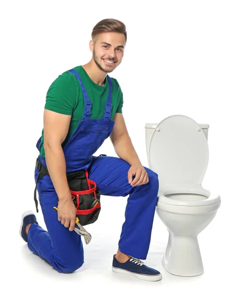 Young Man Working Toilet Bowl Isolated White — Stock Photo, Image