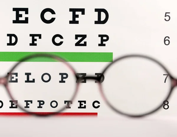 Óculos Borrados Com Lentes Corretivas Mesa Contra Gráfico Olhos — Fotografia de Stock