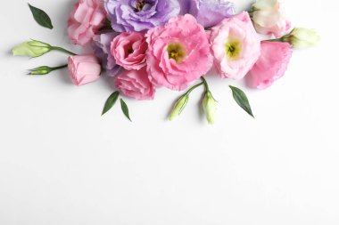 Açık renkli güzel Eustoma çiçekler ile düz yatıyordu kompozisyon