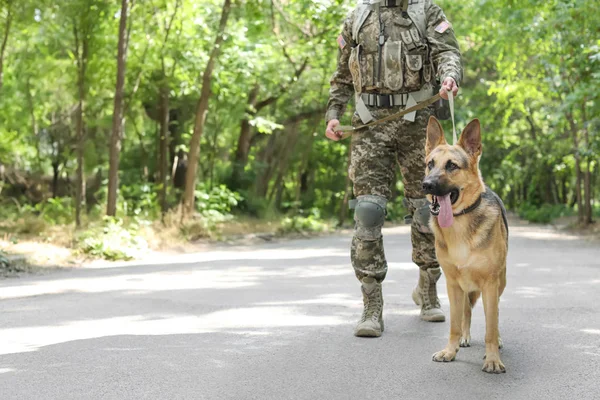 Hombre Uniforme Militar Con Perro Pastor Alemán Aire Libre — Foto de Stock
