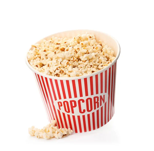 Papírové Kbelík Chutné Popcorn Bílém Pozadí — Stock fotografie