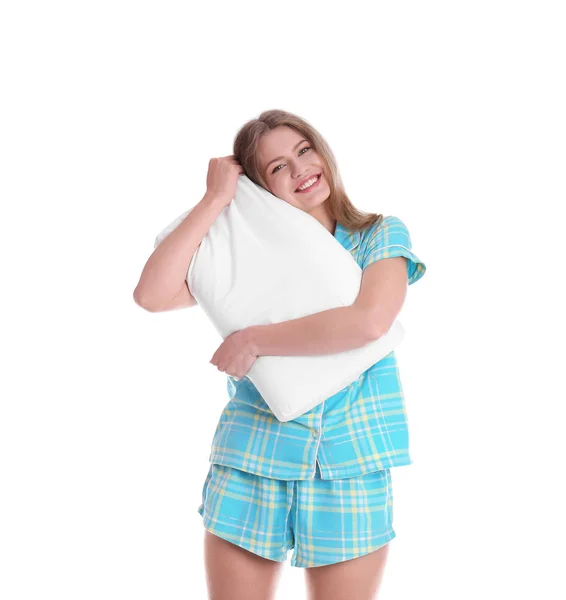 Молодая Женщина Пижаме Обнимает Подушку Белом Фоне — стоковое фото
