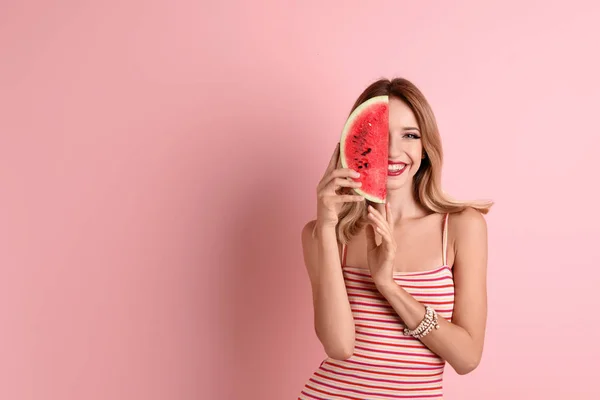 Pretty Young Woman Juicy Watermelon Color Background — Stock Photo, Image