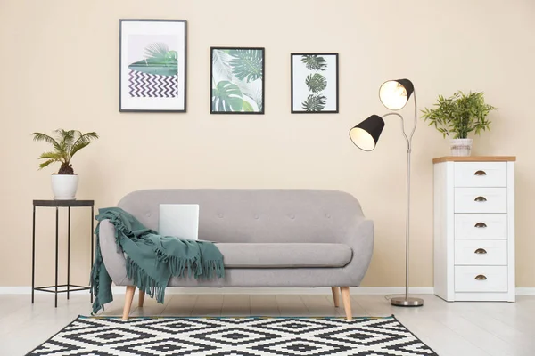 快適な灰色のソファーでスタイリッシュな明るい部屋インテリア — ストック写真