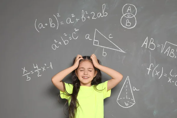 Little School Child Mathematical Formulas Grey Background — Stock Photo, Image