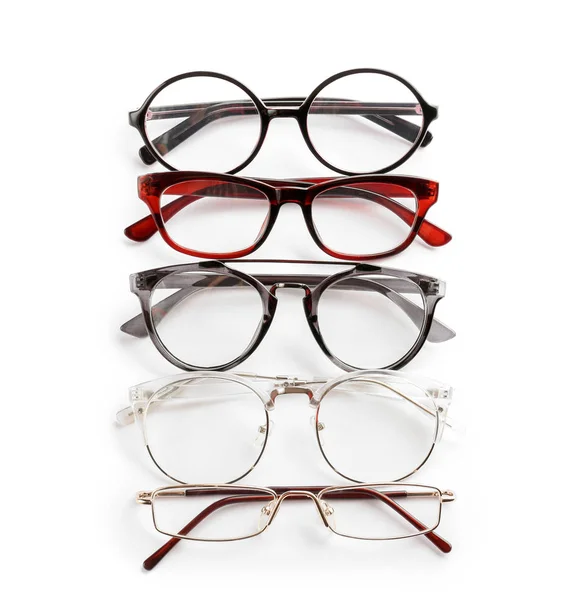 Olika Glasögon Med Korrektionsglas Vit Bakgrund Synproblem — Stockfoto