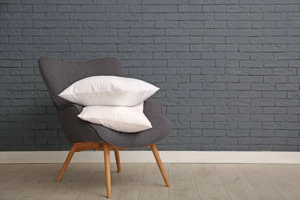 Pile Soft Bed Pillows Armchair Brick Wall Space Text - Stock-foto