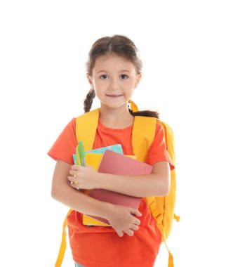 Beyaz arka plan üzerinde okul Kırtasiye ile şirin çocuk