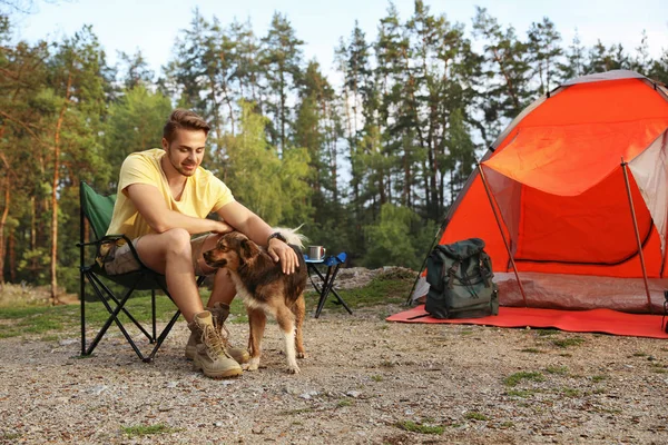 Young man with dog near camping tent outdoors