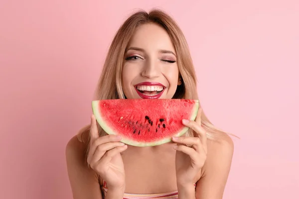 Pretty Young Woman Juicy Watermelon Color Background — Stock Photo, Image