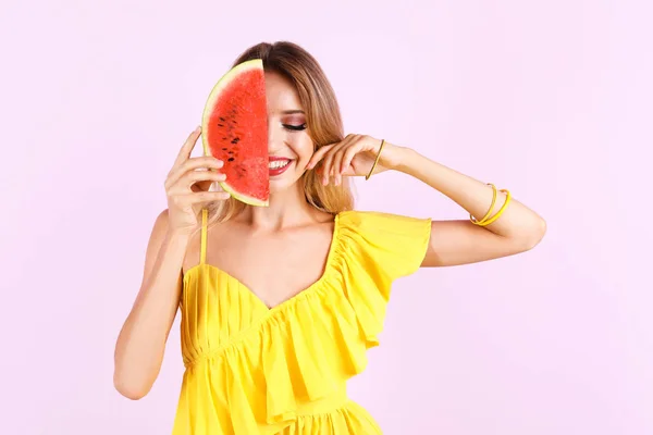 Pretty Young Woman Juicy Watermelon Color Background — Stock Photo, Image