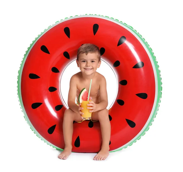 Cute Little Boy Inflatable Ring Glass Cocktail White Background — Stock Photo, Image