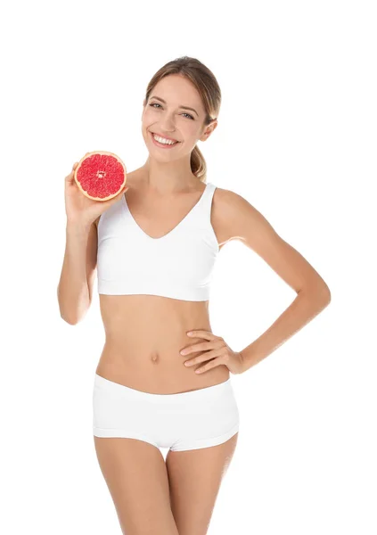 Happy Slim Woman Underwear Holding Grapefruit White Background Weight Loss — Stock Photo, Image