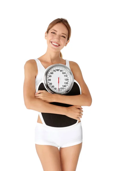 白い背景に体重を保持している彼女のダイエットの結果に満足して幸せなスリムな女 — ストック写真