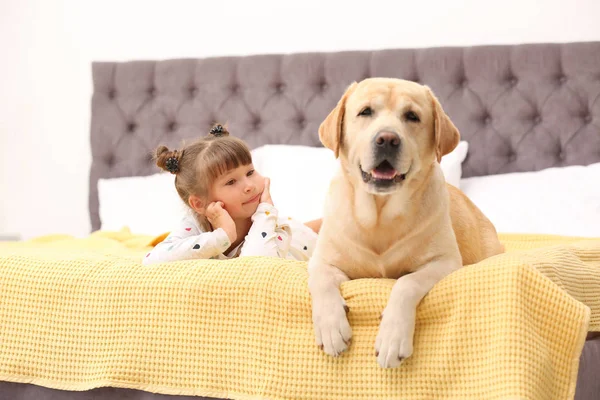 愛らしい黄色いラブラドル レトリーバー犬と自宅のベッドの上の少女 — ストック写真