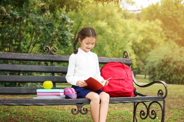 Criança Escola Pequena Bonito Com Livro Leitura Artigos Papelaria Banco — Fotografia de Stock