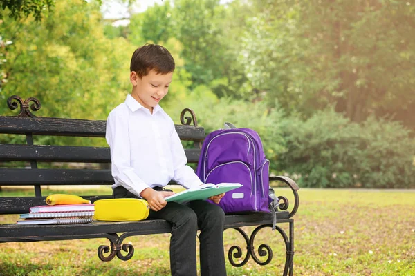 Aranyos Kis Iskola Gyerek Írószer Könyvével Padon Park — Stock Fotó