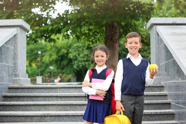 Roztomilé Děti Apple Šablony Batohy Poblíž Schodů Parku — Stock fotografie