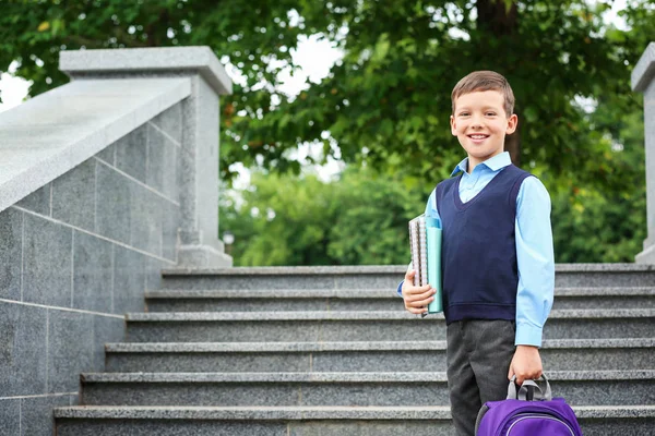 Criança Escola Bonito Com Artigos Papelaria Perto Escadas Parque — Fotografia de Stock