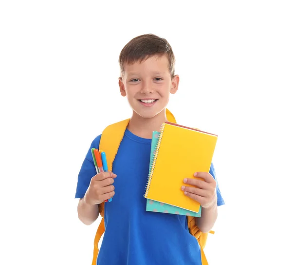 Niedliches Kind Mit Schulpapier Auf Weißem Hintergrund — Stockfoto