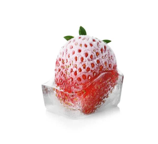 Fresh Strawberry Frozen Ice Cube White Background — Stock Photo, Image