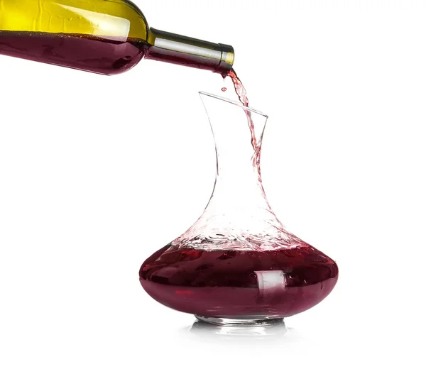 Pouring Red Wine Elegant Decanter White Background — Stock Photo, Image