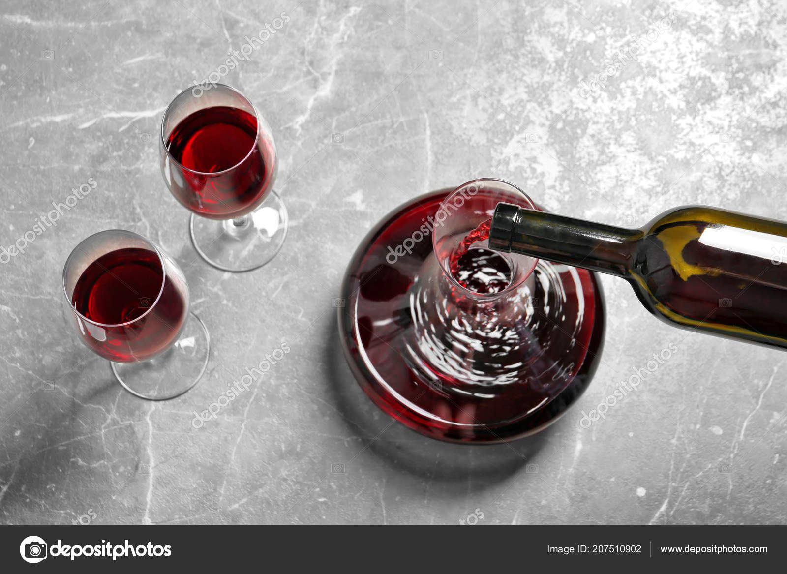 Pouring Delicious Red Wine Decanter Grey Table View Stock Photo