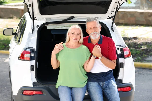 Felice Coppia Anziana Seduta Nel Bagagliaio Della Loro Auto All — Foto Stock