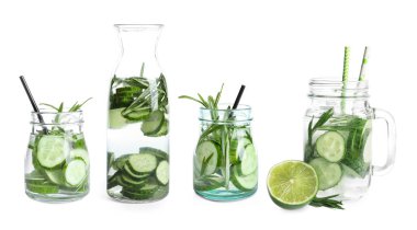 Beyaz arka plan üzerinde taze salatalık limonata ile ayarla