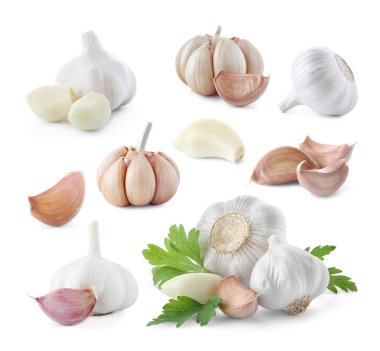 Farklı sarımsak ampuller ve karanfil beyaz arka plan üzerinde set