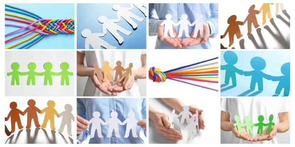 Stel Met Papier Mensen Hand Hand Samen Kleur Koorden Eenheid — Stockfoto