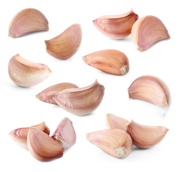 Set Different Garlic Cloves White Background — Stock Photo, Image