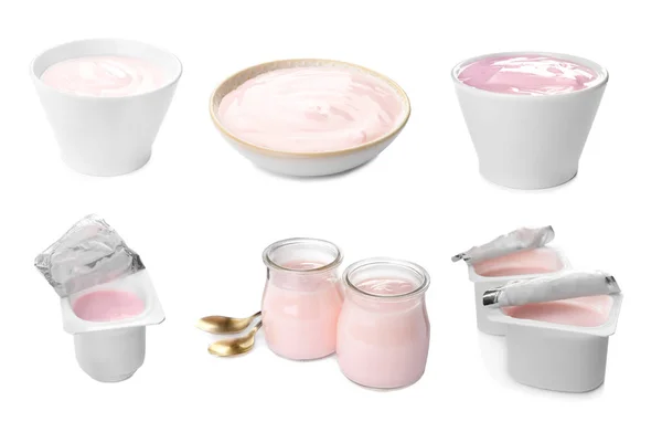 Set Med Läckra Yoghurt Vit Bakgrund — Stockfoto