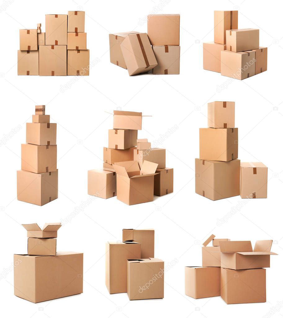 Collection of various cardboard boxes on white background