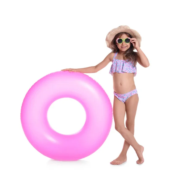 Cute Little Girl Inflatable Ring White Background — Stock Photo, Image