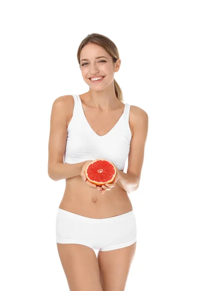 Mujer Delgada Feliz Ropa Interior Sosteniendo Pomelo Sobre Fondo Blanco —  Fotos de Stock