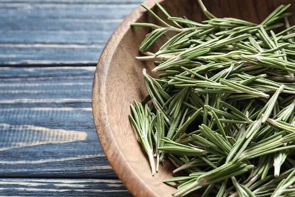 Plate Fresh Rosemary Twigs Wooden Table Closeup — Stock Photo, Image