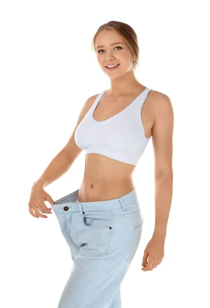 Junge Frau Übergroßen Hosen Auf Weißem Hintergrund Gesunde Ernährung — Stockfoto