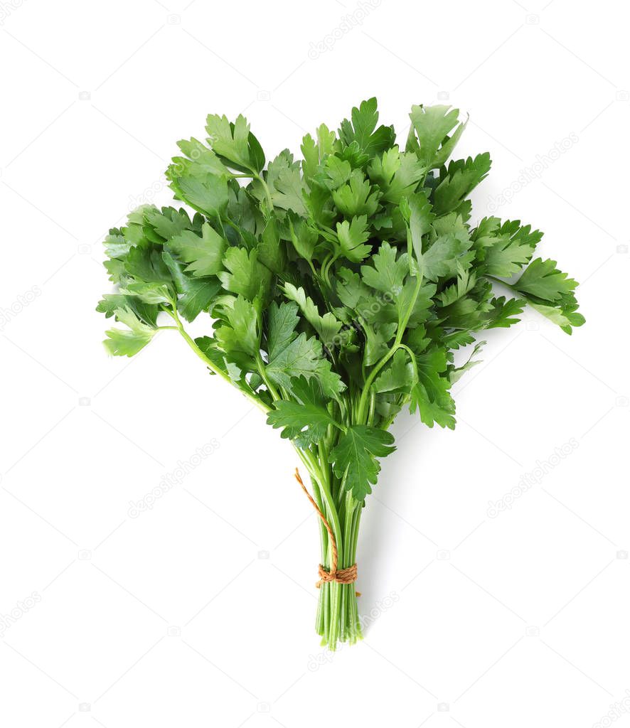 Bunch of parsley on white background, top view. Fresh herb