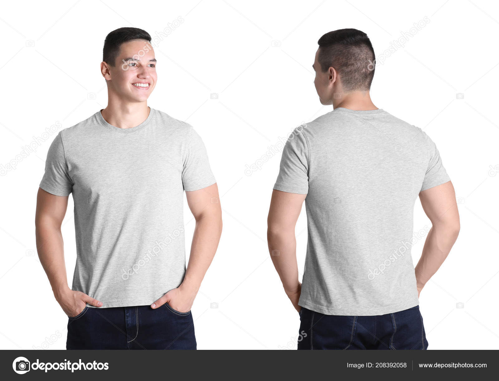 Download Front Back Views Young Man Grey Shirt White Background ...