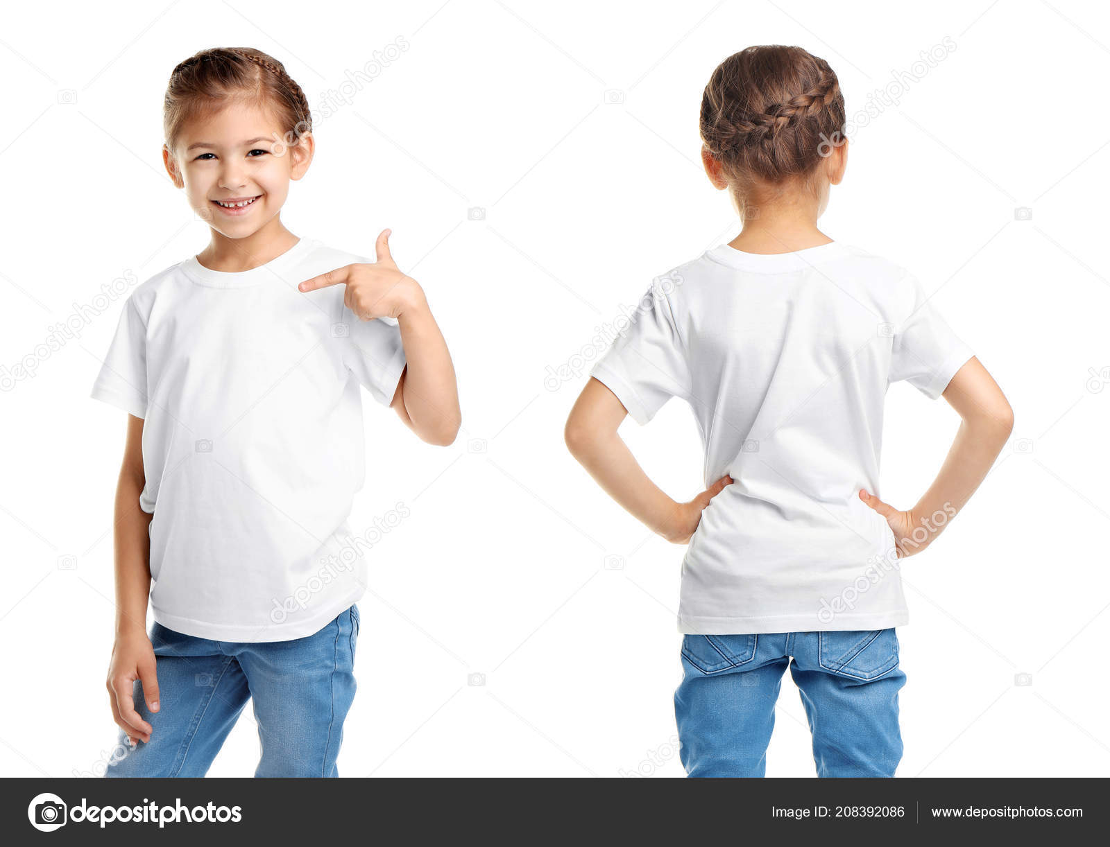 Download Front Back Views Little Girl Blank Shirt White Background Mockup — Stock Photo ...