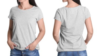 Beyaz arka plan ön ve arka sayısı Gri tişört içinde genç kadın. Mockup tasarım için