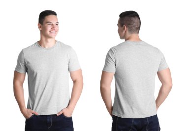 Genç adam gri t-shirt ön ve arka sayısı beyaz arka plan üzerinde. Mockup tasarım için