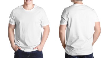 Beyaz arka plan ön ve arka sayısı boş t-shirt genç adamın. Mockup tasarım için