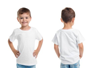 Beyaz arka plan ön ve arka sayısı boş t-shirt küçük çocuk. Mockup tasarım için