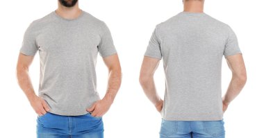 Genç adam gri t-shirt ön ve arka sayısı beyaz arka plan üzerinde. Mockup tasarım için