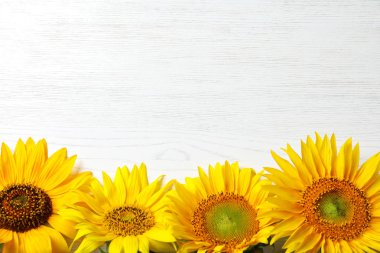 Ahşap arka plan, üstten görünüm üzerinde sarı ayçiçeği