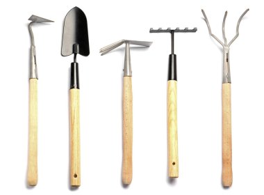 Set of gardening tools on white background, top view clipart